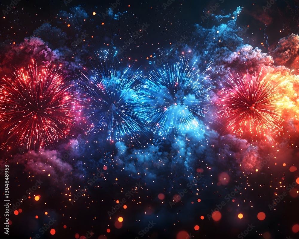 Fototapeta premium Vibrant Finale of Glowing Fireworks Exploding in Layers of Patriotic Colors for Ceremonial