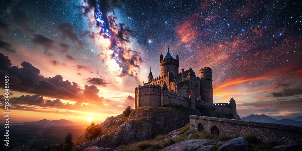Fototapeta premium Majestic Old Castle Time-Lapse: Epic Sunset to Starry Night