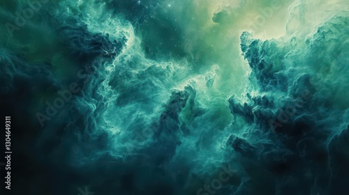 Nebula wallpaper with blue and green clouds radiant particles in cinematic light