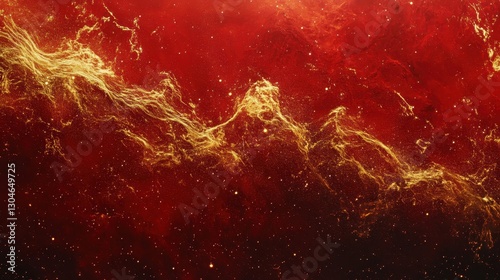 Cosmic wallpaper with luminous red and gold gaseous clouds and glowing dust