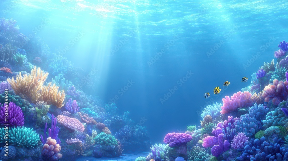 Naklejka premium Vibrant Underwater World: A mesmerizing underwater scene of a coral reef, illuminated by sunbeams and teeming with marine life, offers a glimpse into the ocean's beauty and serenity.