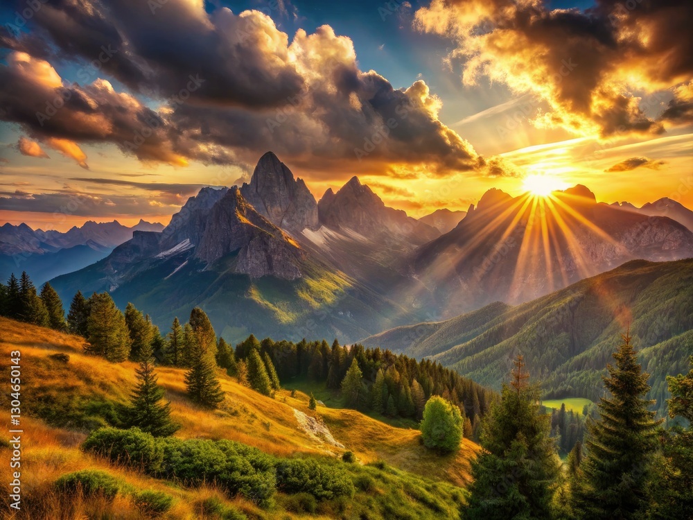 Obraz premium Golden hour paints a majestic mountain sunrise, its serene landscape breathtaking in the rule of thirds.