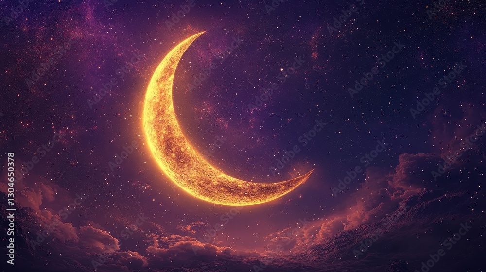 The Ramadan Kareem concept is depicted by a purple background featuring glittery stars and a crescent moon The Ramadan Kareem concept is depicted by a purple background featuring glittery stars and a crescent moon
