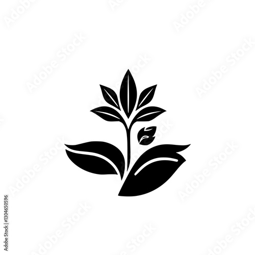 Minimalist stylized image of a plant with multiple leaves and flowers set against a clean white background.