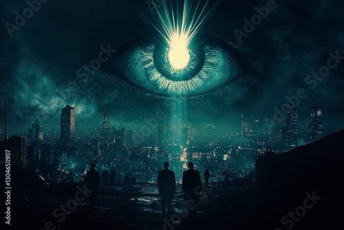 Enigmatic eye looms over a dystopian metropolis, casting light on silhouetted figures surveying the city's ruined landscape