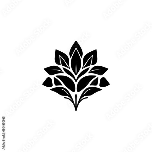 Black-and-white, floral, symmetrical, and geometric representation of leaves radiating from a central point against a white background.
