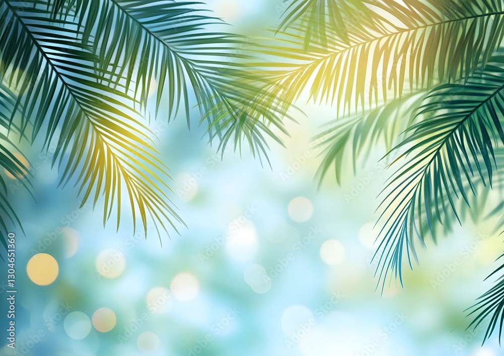 Fototapeta premium close-up of palm tree leaves with a blurred bokeh background creating a tropical vibe
