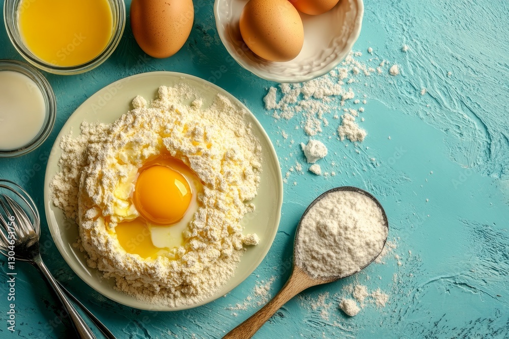 Essential baking items, such as eggs, butter, milk, flour, sugar, whisk, spatula, and colorful sprinkles, are arranged on a blue background in a flat lay, top view Essential baking items, such as eggs, butter, milk, flour, sugar, whisk, spatula, and colorful sprinkles, are arranged on a blue background in a flat lay, top view