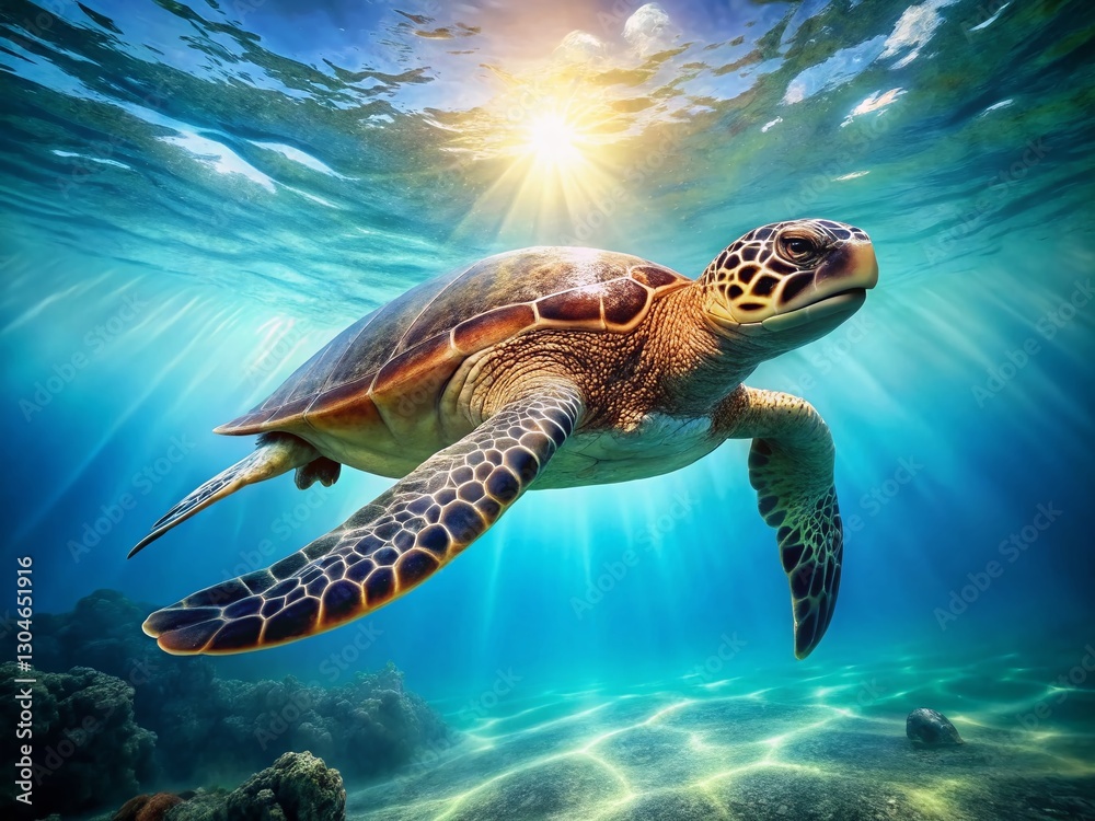Fototapeta premium Majestic Sea Turtle Gracefully Swimming in Crystal Clear Ocean Water