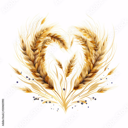 Golden wheat stalks forming a heart shape on a white background.