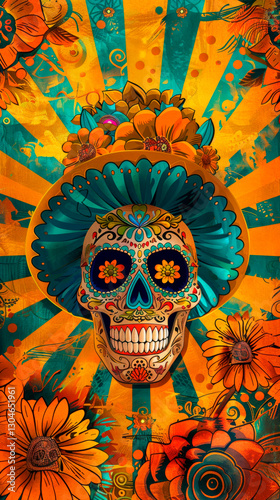 bright and colorful Day of the Dead skull artwork with floral headpiece, radiating festive energy for cultural events, decorations, and artistic inspirations