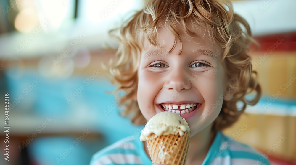 A little boy with curly hair smiles brightly as he eats an ice cream cone. A little boy with curly hair smiles brightly as he eats an ice cream cone.