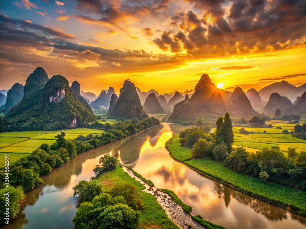 Fototapeta premium High-resolution images of serene Asian mountains bathed in breathtaking sunrises; inspiring, tranquil landscapes perfect for spiritual retreats.