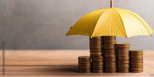 Wallpaper Mural financial planning expenses protection concept. Yellow umbrella over stacked coins representing financial security. Torontodigital.ca