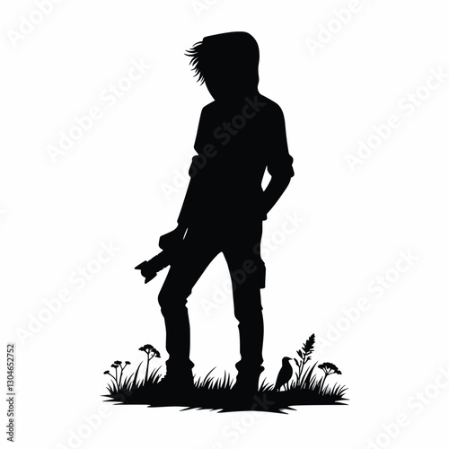 Silhouette of Person Holding Guitar in Grass Field - Black and White Illustration