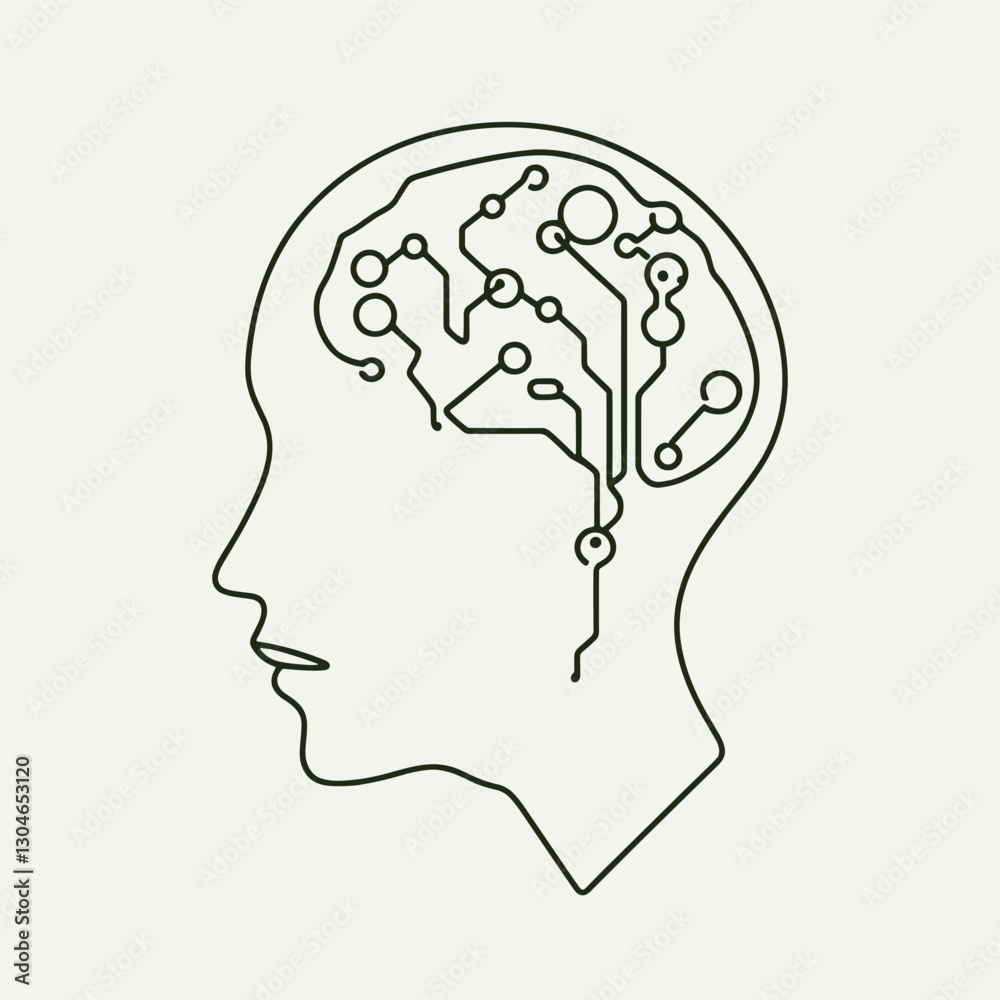 AI Technology in Human Brain Concept - Minimalist Line Art Illustration AI Technology in Human Brain Concept - Minimalist Line Art Illustration