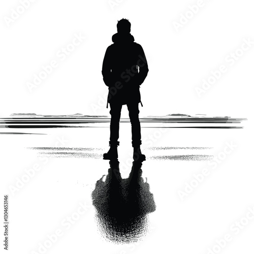 Silhouette of Man Standing on Beach During Sunset - Black and White Minimalist Illustration