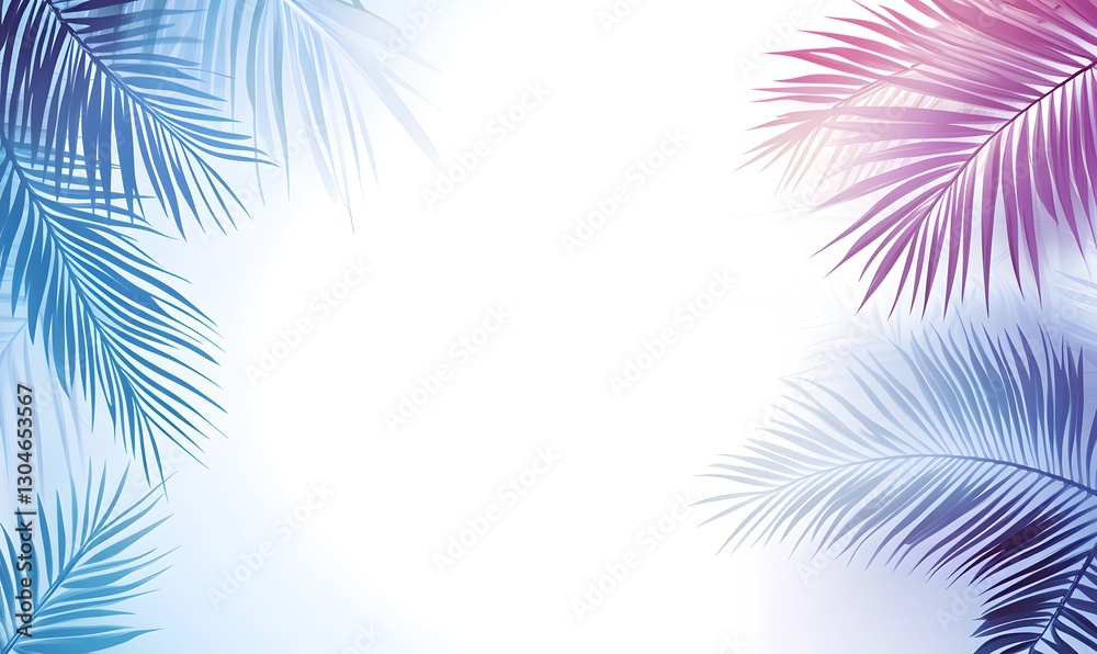 Fototapeta premium palm leaves in blue and purple colors, creating a tropical frame on white
