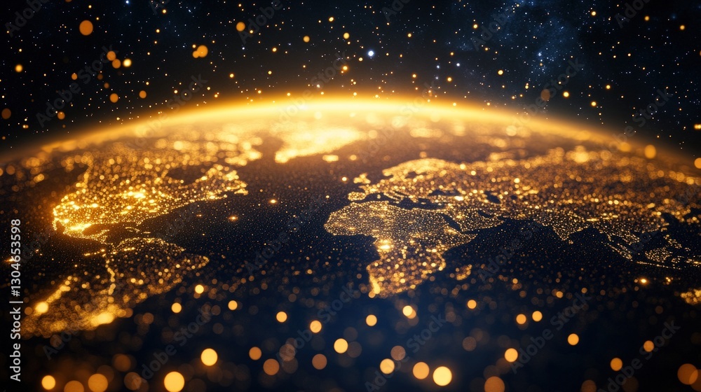 Obraz premium Illuminated Earth at night, showcasing city lights and stars.