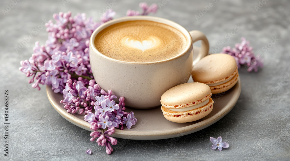 Enjoying a delightful Easter celebration with coffee, macarons, and lilac flowers in a serene grey setting Enjoying a delightful Easter celebration with coffee, macarons, and lilac flowers in a serene grey setting