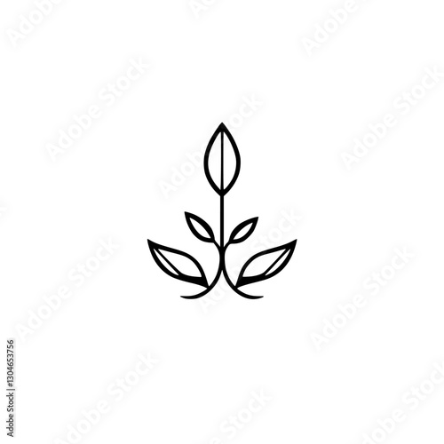 Elegant minimalist graphic, a symmetrical floral composition with a central stem that is a graphic representation of leaves.