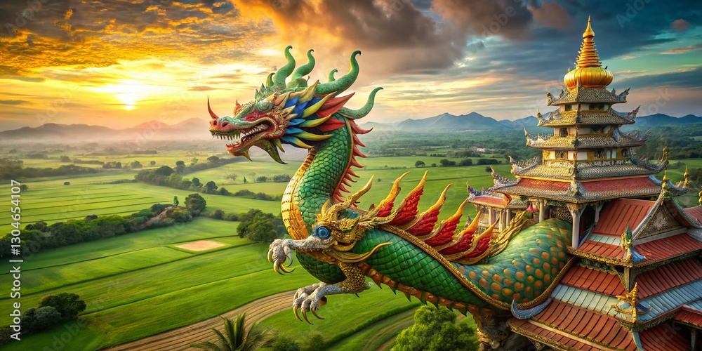 Fototapeta premium Majestic Thai Dragon Soaring Above Ancient Temples - Aerial View
