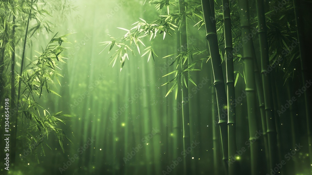 Soft-focus bamboo forest wallpaper with misty gradients and golden highlights Soft-focus bamboo forest wallpaper with misty gradients and golden highlights