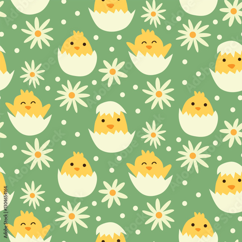 hand drawn easter baby chicks in cracked eggs with white daisies seamless pattern on green background. For easter fabric, textile and greeting cards