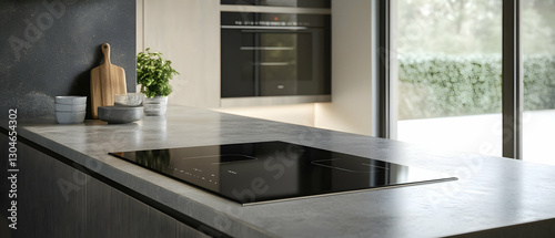 Modern kitchen with a black induction hob and gray countertop  -