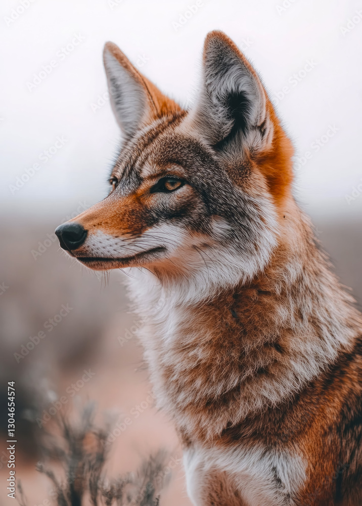 Fototapeta premium Majestic jackal in profile against the serene desert landscape showcasing intricate fur details and natural beauty