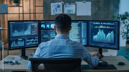 a person working at a desk, surrounded by multiple computer monitors displaying charts and data