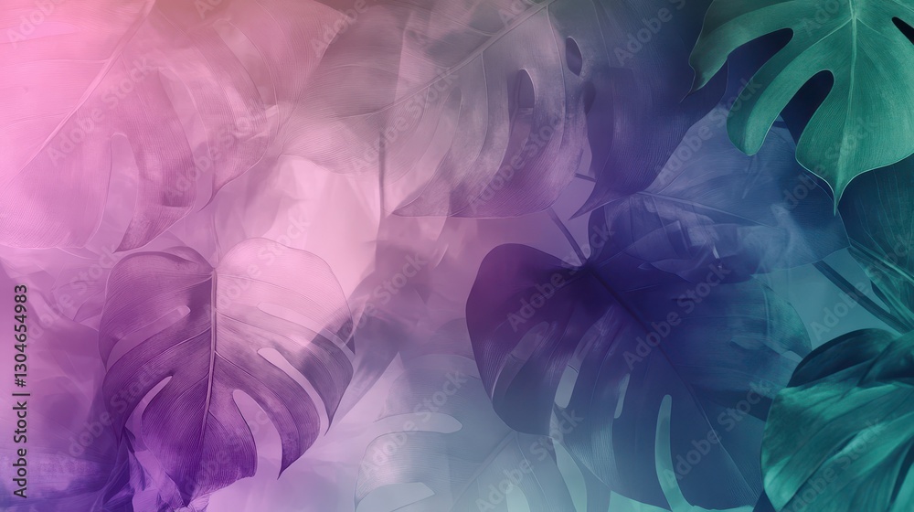 Naklejka premium Abstract background with monstera leaves and orchid shapes in watercolor mist