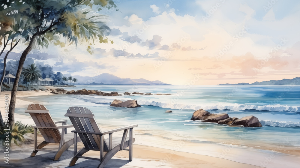 Tropical beach with clear turquoise waters and lush greenery under a bright sky. A serene and refreshing watercolor landscape illustration.