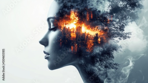 Creative digital artwork showcasing a womans profile blended with a burning cityscape. Generative AI