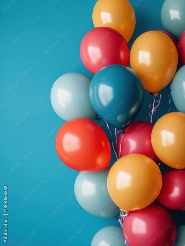 Festive bunch of colorful balloons against a vibrant blue background creating a joyful and celebratory atmosphere perfect for party decorations Festive bunch of colorful balloons against a vibrant blue background creating a joyful and celebratory atmosphere perfect for party decorations