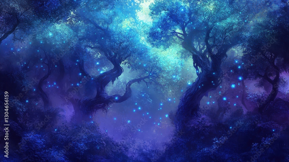 Fototapeta premium Enchanted forest wallpaper with glowing surreal trees and floating spores in watercolor mist