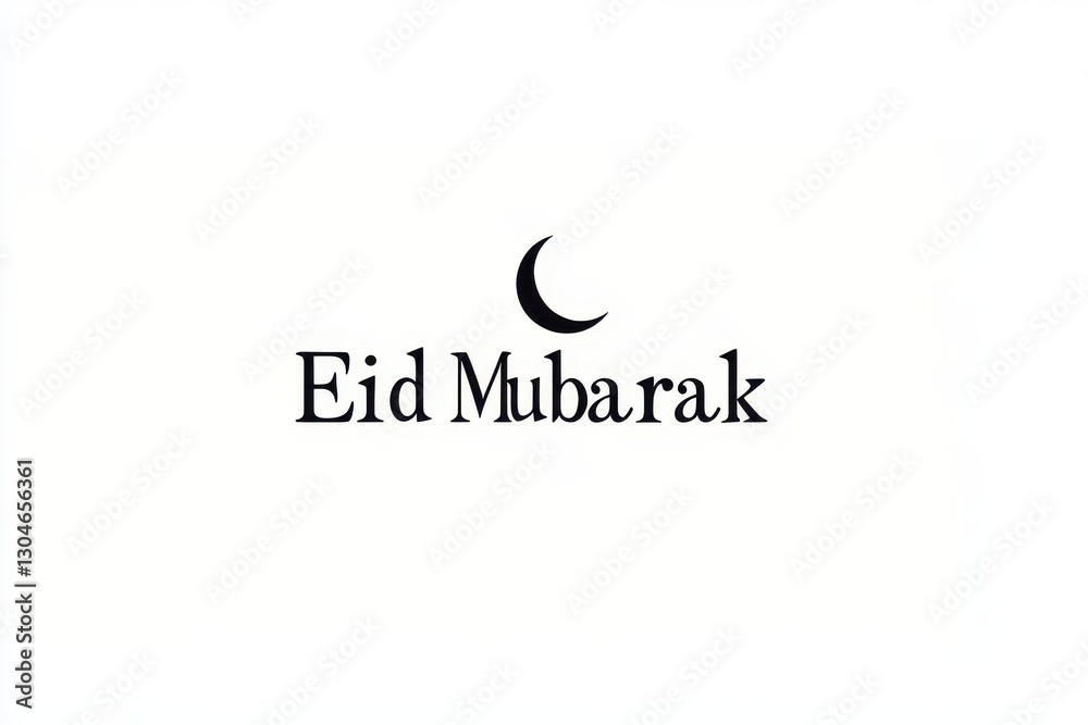 imple and elegant Eid Mubarak logo with cursive black font and crescent moon on white background