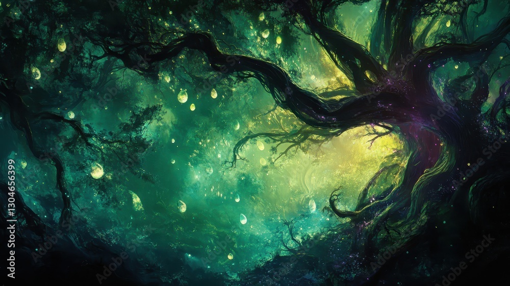 Obraz premium A surreal forest with glowing spores and deep emerald greens in a cosmic oil painting style