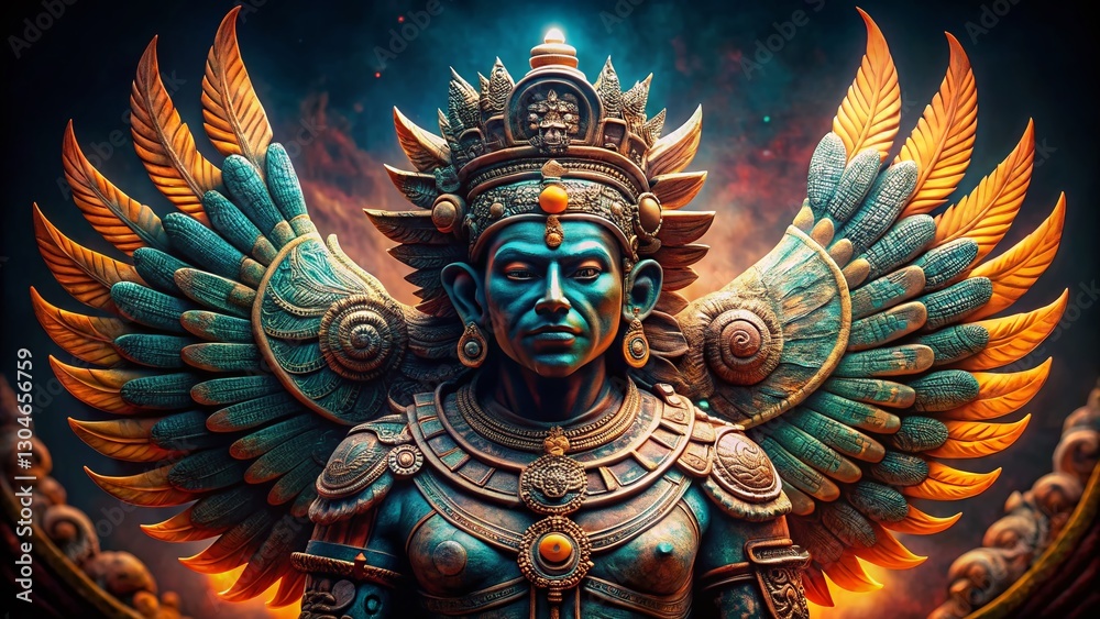 Fototapeta premium Mayan God Idol Statue, Low Light, Outstretched Wings, Ancient Deity, Power, Divinity