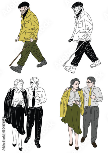 Life Stages: A set of four stylish illustrations depicting diverse individuals at different life stages—an elderly gentleman with a cane.