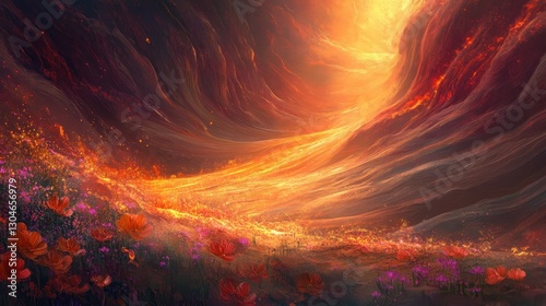 A magical desert wallpaper with glowing canyons and sunlit wildflowers under abstract light