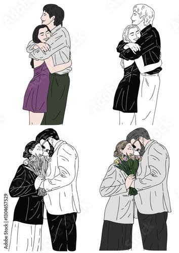 Embracing Affection: A tender embrace between couples, rendered in an illustrative style, captures the essence of love, connection, and heartfelt moments.