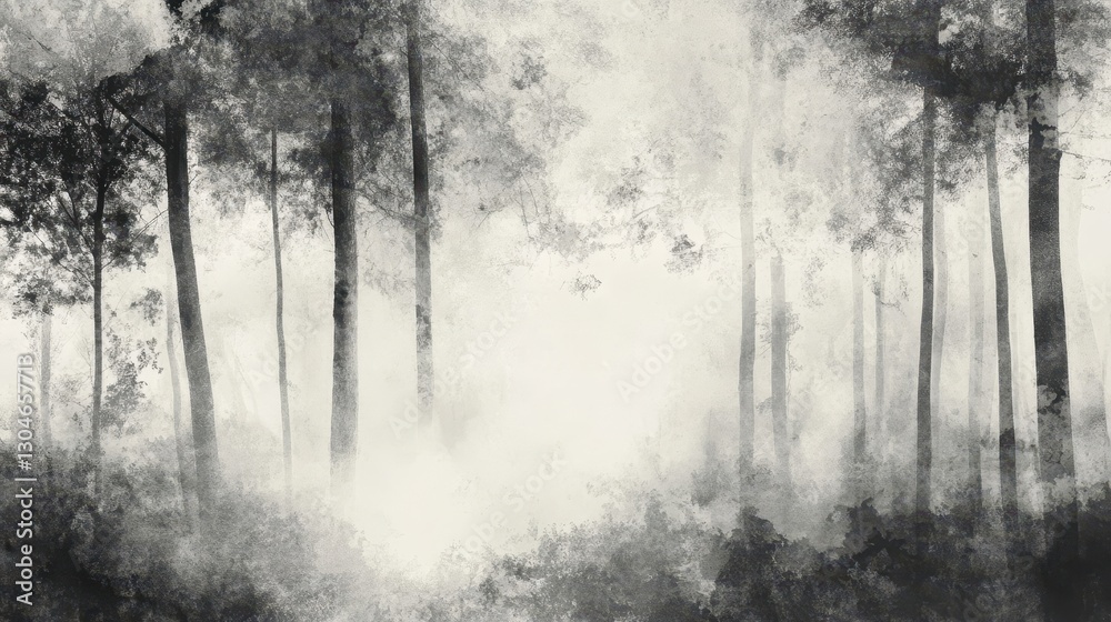 Obraz premium An artistic monochrome forest backdrop with mist-covered trees and fluid ink textures creating a mystical atmosphere