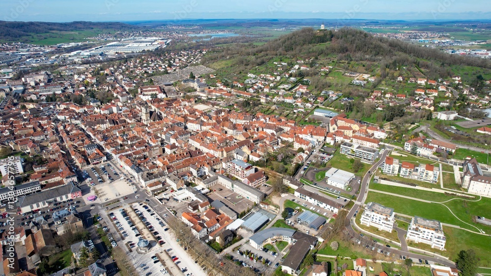 Aerial panorama view around the old town in Vesoul, France on a sunny day in spring