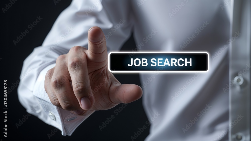 Job search. Businessman touching virtual search bar on black background Job search. Businessman touching virtual search bar on black background