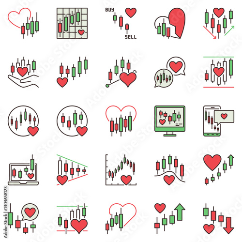 Love Trading colored icons set - Japanese Candles Chart Stock Trading and Crypto Investment signs