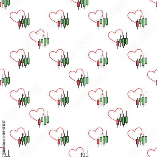 Candlestick Chart with Heart vector Stock Market Trading colored seamless pattern