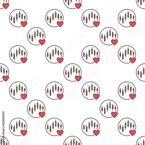 Circle with Red Heart and Trading Chart vector Representing a Love for Investing colored seamless pattern