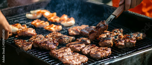 People grilling meat on a barbecue outdoors  -