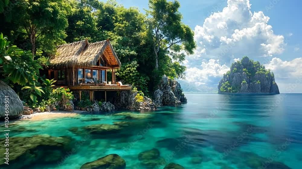 A serene tropical beach scene featuring a wooden hut by crystal-clear waters and lush greenery. A serene tropical beach scene featuring a wooden hut by crystal-clear waters and lush greenery.